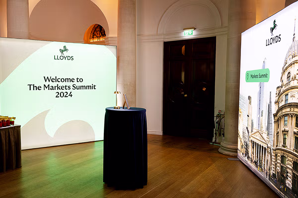 Lloyds Markets Summit 2024 welcome display and venue signage inside One Moorgate Place, London