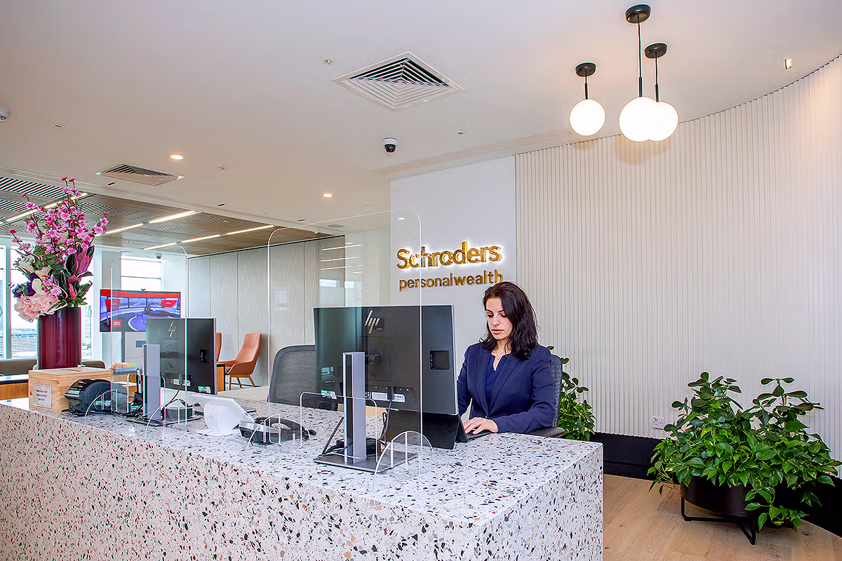 Reception area inside Schroders Personal Wealth at 1 London Wall Place in the City of London
