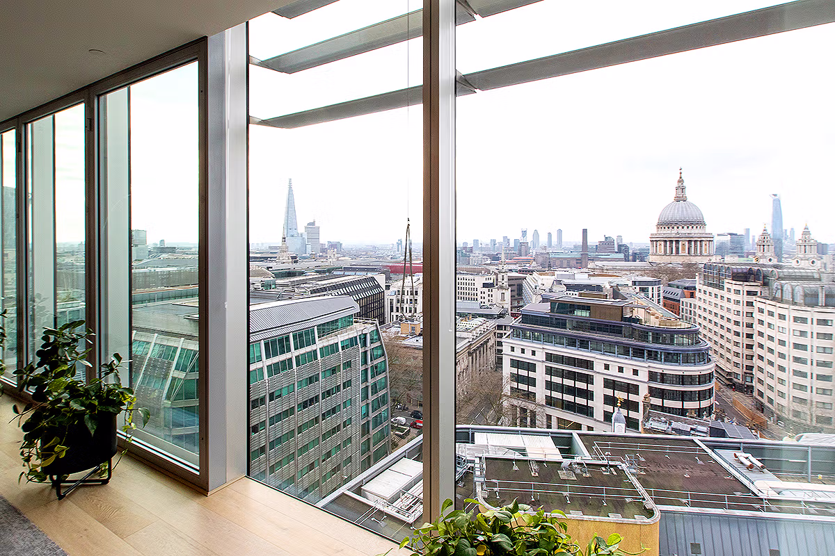City of London office view from Schroders Personal Wealth at 1 London Wall Place showing St Paul's Cathedral, The Shard and the London skyline