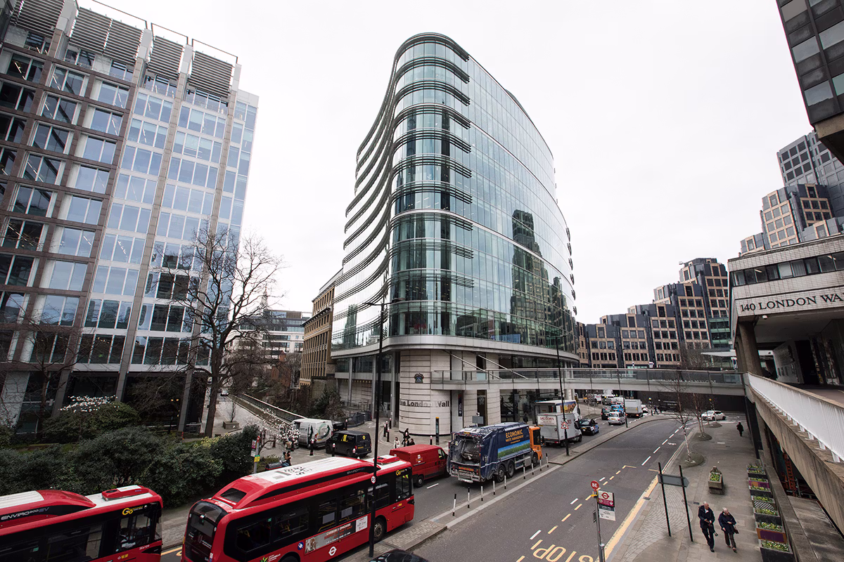 London Wall Place exterior in the City of London showing surrounding office buildings and the street scene near Schroders Personal Wealth EC2Y 5AU