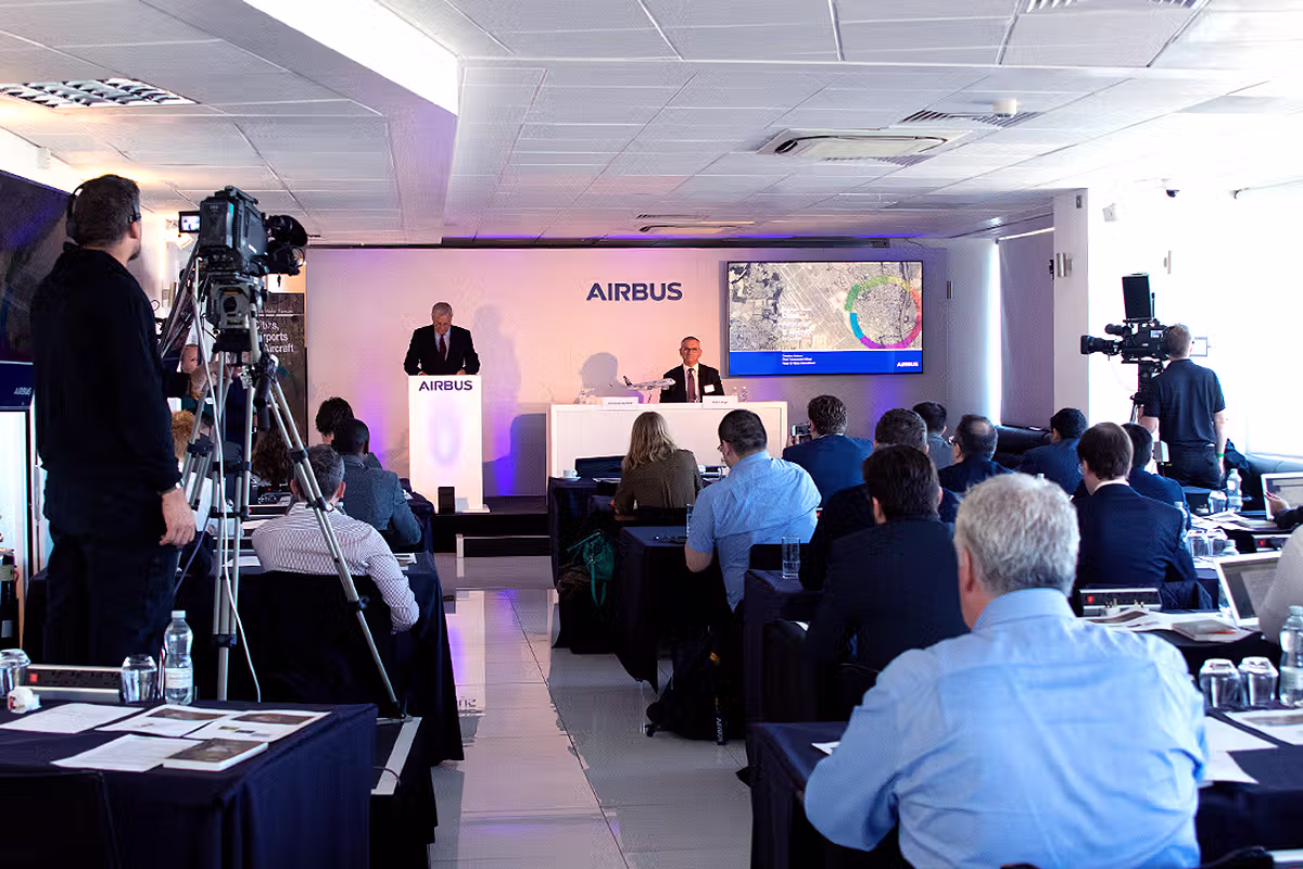 Airbus Global Market Forecast meeting moment photographed in London during a corporate announcement event