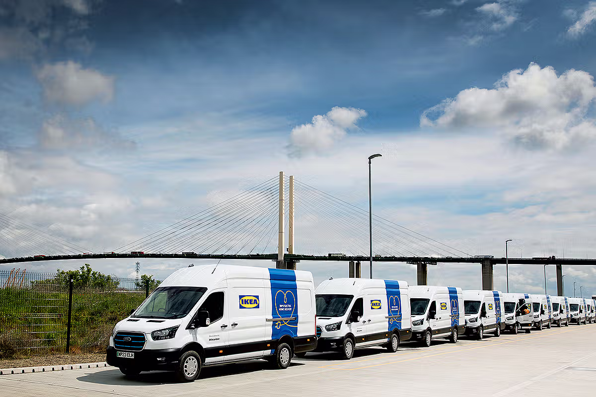 IKEA opening photography in Dartford with delivery vehicles lined up beside the Dartford Crossing on the M25 corridor