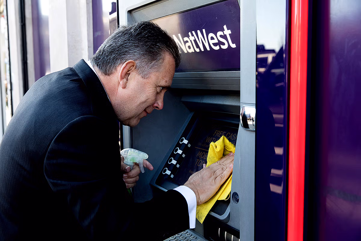 Les Matheson with NatWest branch staff and public-facing activity at Wood Green in North London