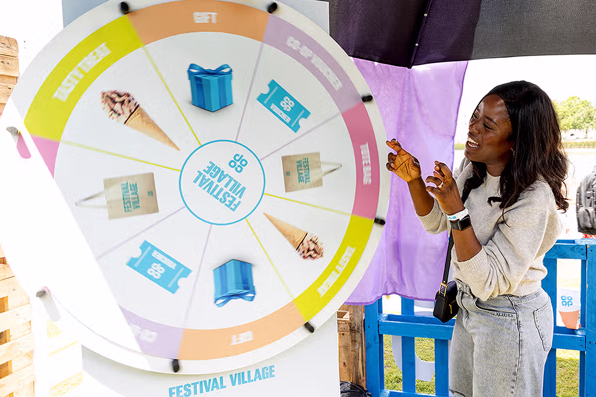 Co-op Food Festival PR photograph showing event hosts beside an Are You A Member sign and branded Co-op display in London