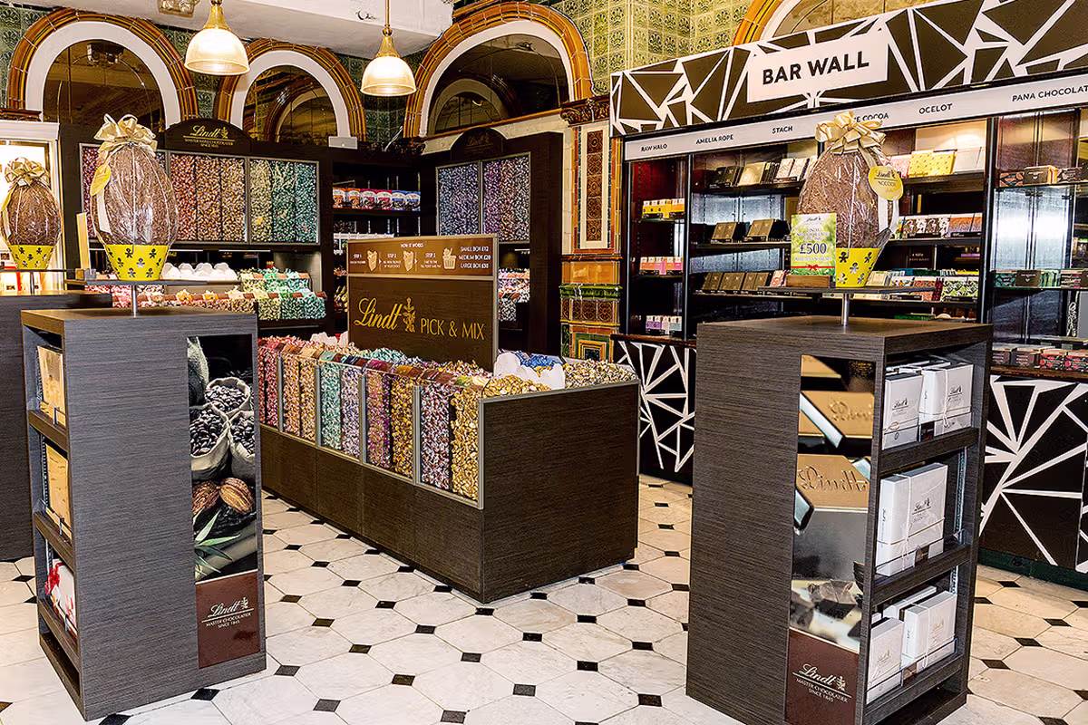 Lindt London PR photography showing branded retail campaign imagery near Piccadilly Circus
