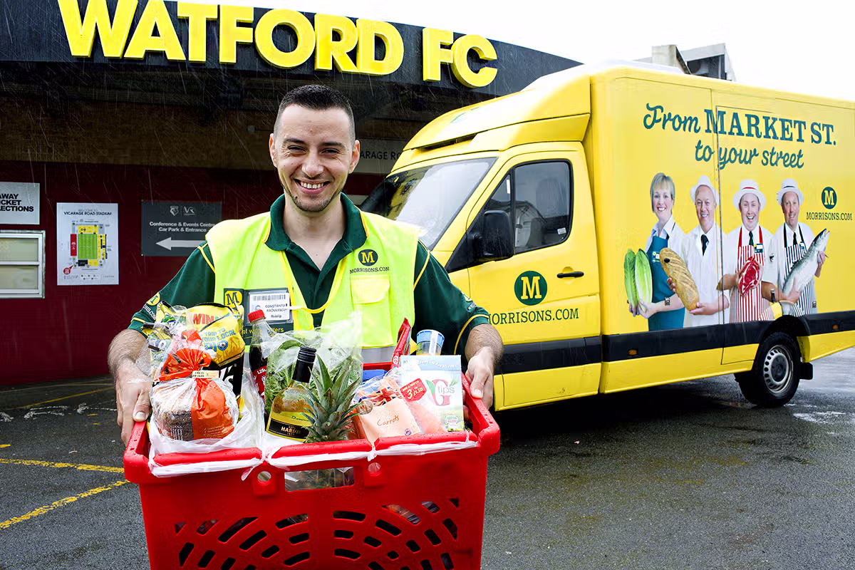 Morrisons PR photographer London campaign near Watford FC at Vicarage Road with branded delivery van